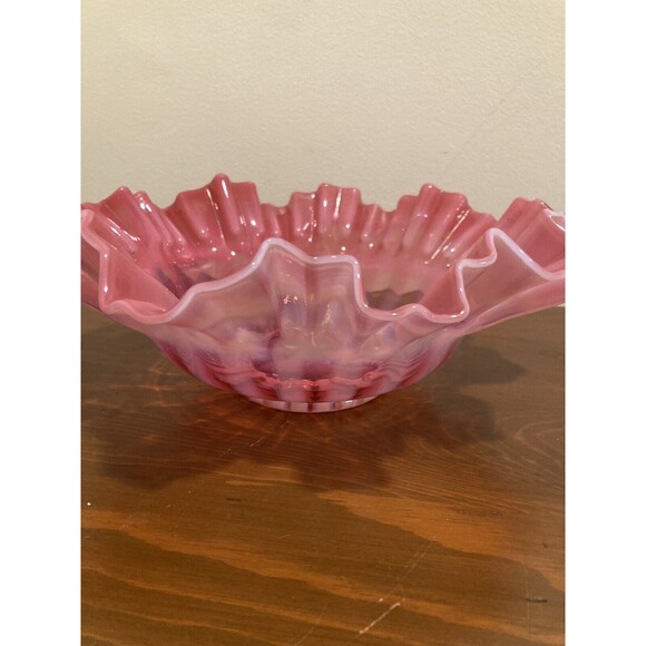 FENTON Cranberry Opalescent Striped Rose Overlay Ruffled Art Brides Bowl - Picture 5 of 16